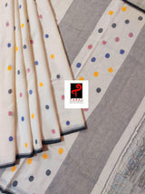 Offwhite with black border palka dot cotton handwoven jamdani saree - Tamal Boutique