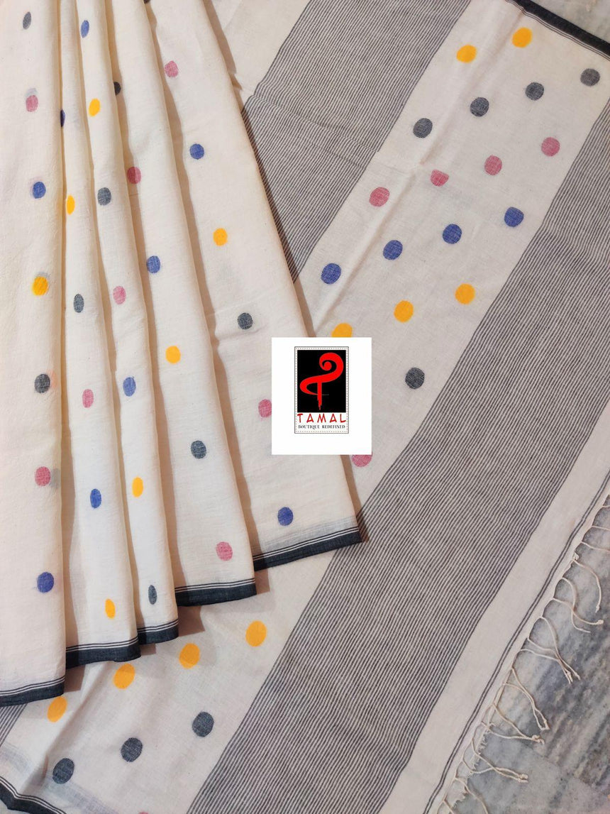 Offwhite with black border palka dot cotton handwoven jamdani saree - Tamal Boutique