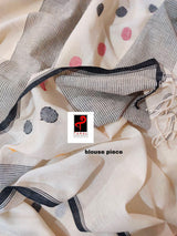 Offwhite with black border palka dot cotton handwoven jamdani saree - Tamal Boutique