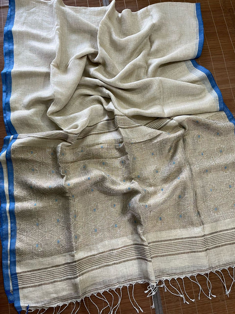 Offwhite with blue border tissue linen handloom jamdani saree
