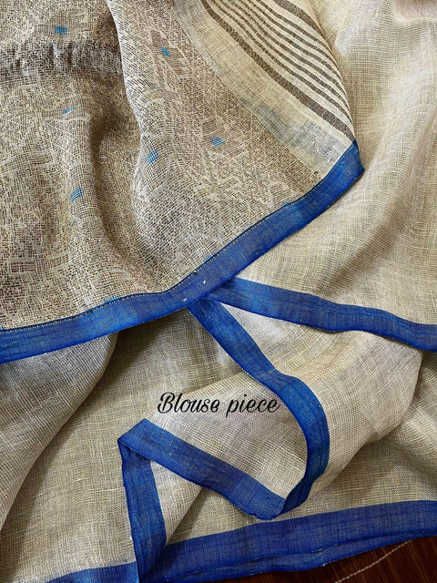 Offwhite with blue border tissue linen handloom jamdani saree