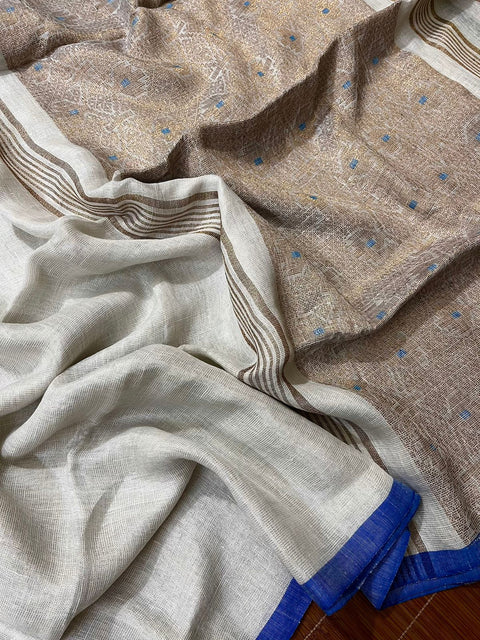 Offwhite with blue border zari linen handloom jamdani saree