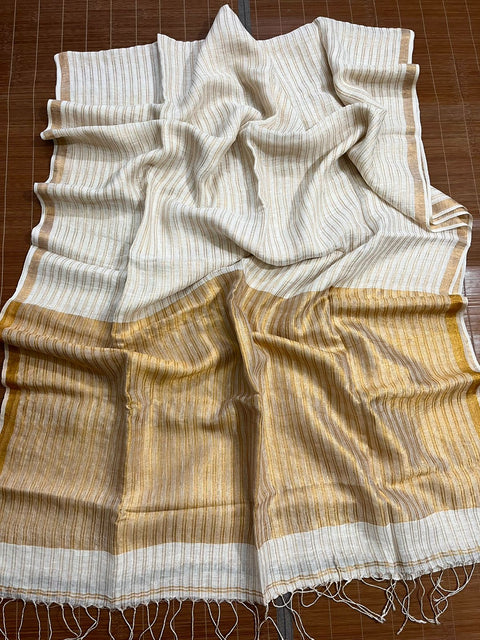Offwhite with golden strip pure linen handloom saree