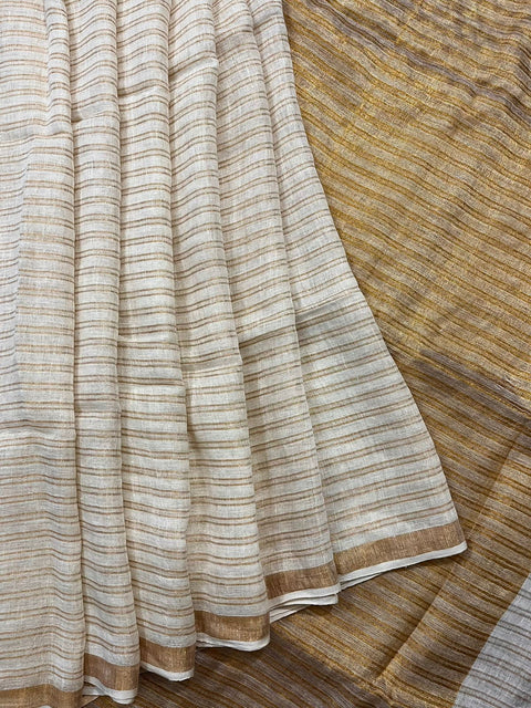Offwhite with golden strip pure linen handloom saree