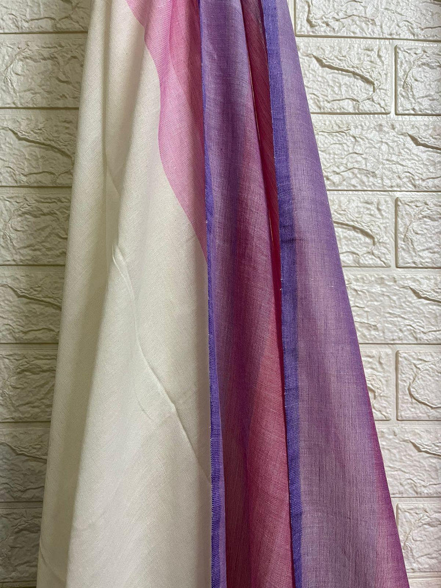 Offwhite with multi colour border mul cotton handloom saree - Tamal Boutique