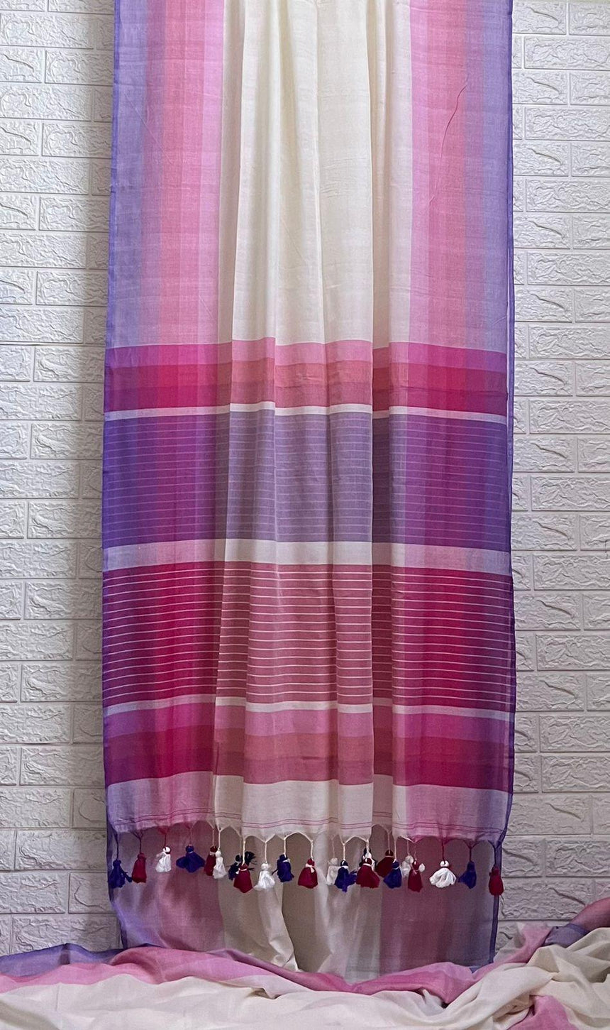 Offwhite with multi colour border mul cotton handloom saree - Tamal Boutique