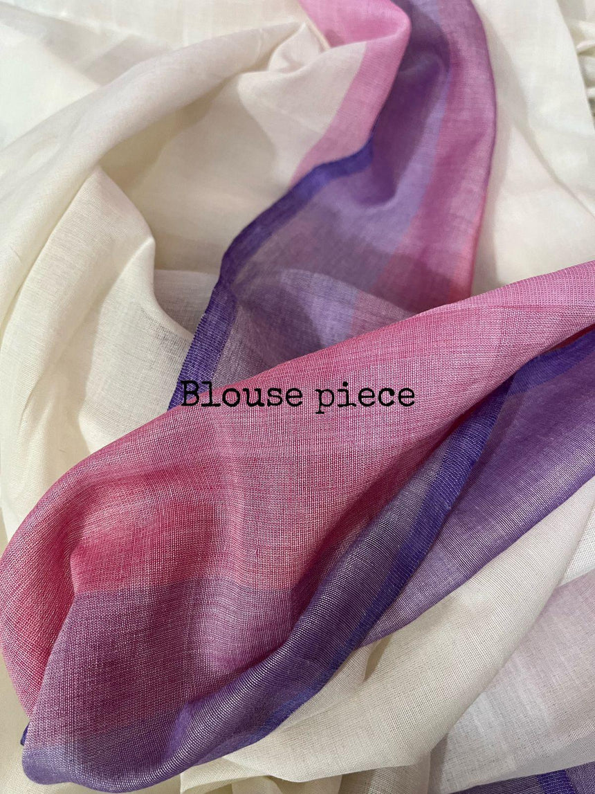 Offwhite with multi colour border mul cotton handloom saree - Tamal Boutique