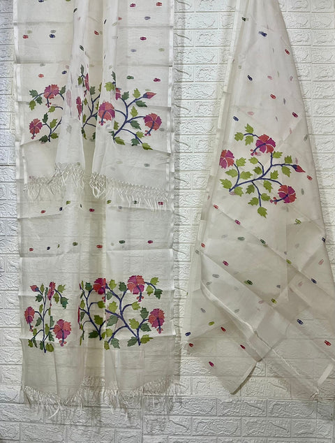 Offwhite with multi colour hibiscus motifs handwoven muslin silk jamdani kurti & dupatta set