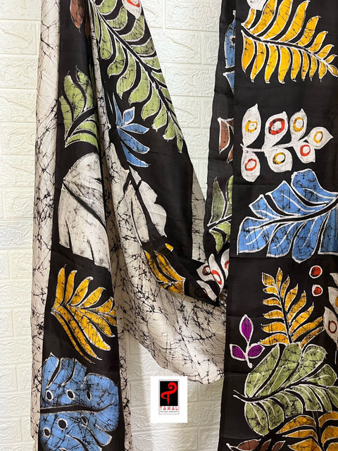Off white with multi colour leaves hand batik design in katan silk saree
