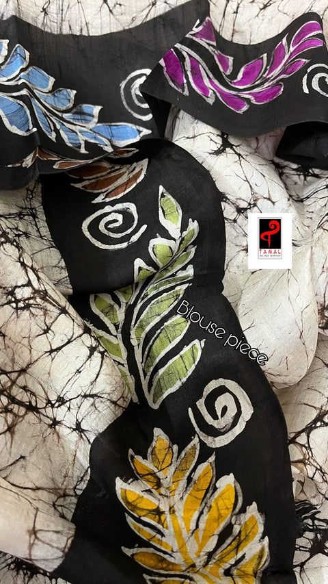 Off white with multi colour leaves hand batik design in katan silk saree