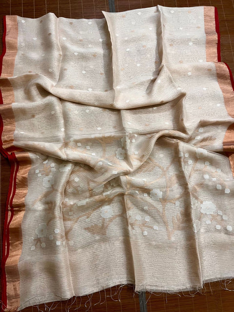 Offwhite with red & zari border silk linen handwoven jamdani saree