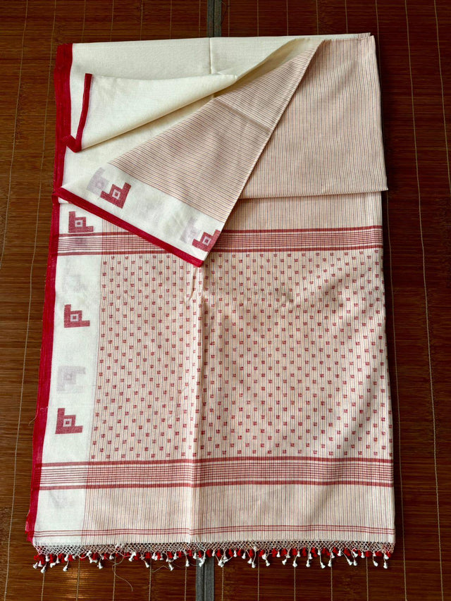 Offwhite with red border half & half stripe cotton handwoven jamdani - Tamal Boutique