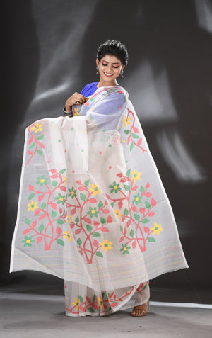 Offwhite with red floral pallu handwoven muslin silk jamdani saree - Tamal Boutique