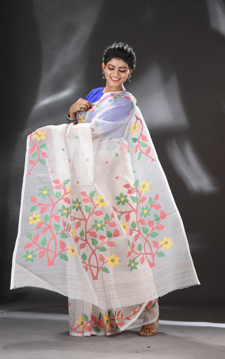 Offwhite with red floral pallu handwoven muslin silk jamdani saree - Tamal Boutique
