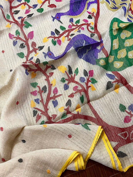 Offwhite with yellow border peacock zari linen handwoven jamdani saree - Tamal Boutique