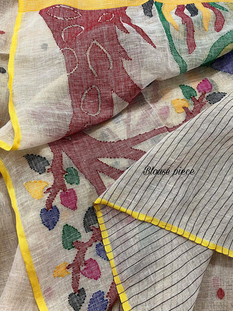 Offwhite with yellow border peacock zari linen handwoven jamdani saree - Tamal Boutique