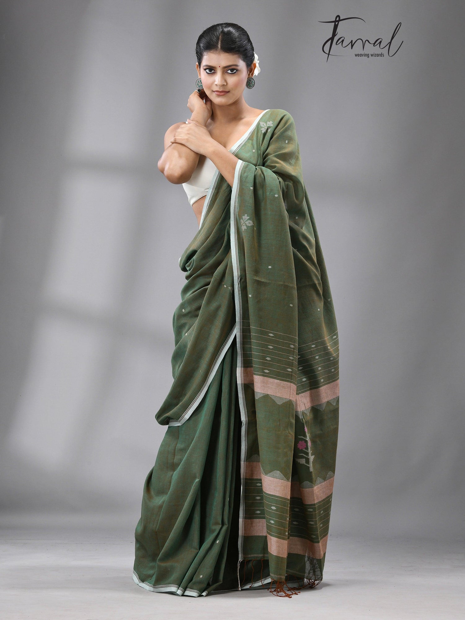 Olive green floral motifs pure cotton handwoven jamdani saree
