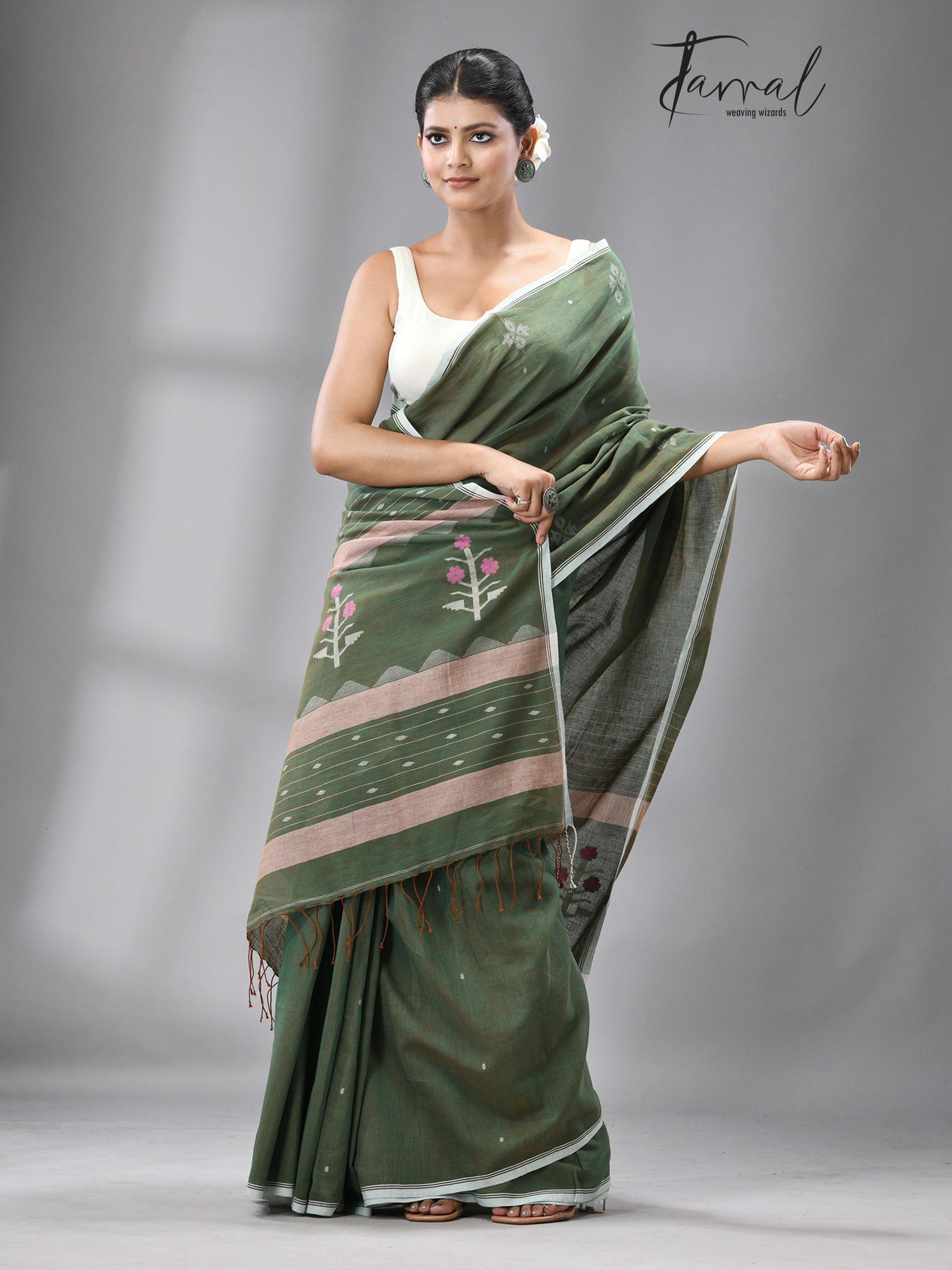Olive green floral motifs pure cotton handwoven jamdani saree