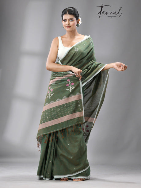 Olive green floral motifs pure cotton handwoven jamdani saree