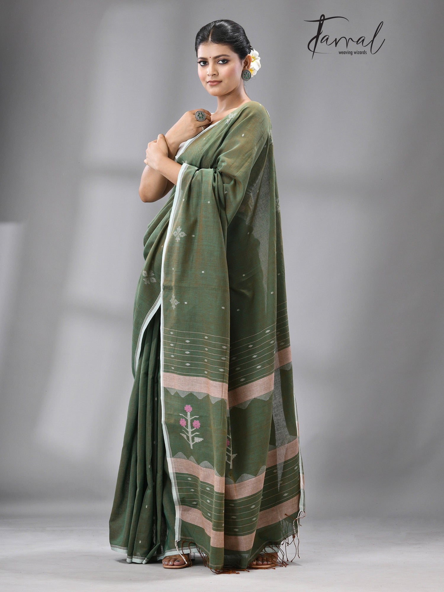 Olive green floral motifs pure cotton handwoven jamdani saree