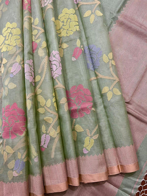Oliver green with multi colour allover rose motifs handwoven muslin silk jamdani saree - Tamal Boutique