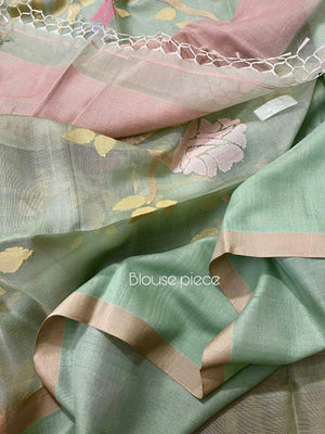 Oliver green with multi colour allover rose motifs handwoven muslin silk jamdani saree - Tamal Boutique