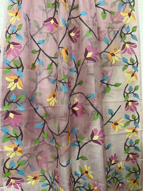 Onion pink with multicolour muslin silk allover floral handwoven jamdani saree - Tamal Boutique
