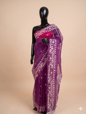 Purple saree with white patterns on a beige background | Buy now in City center 2, kolkata