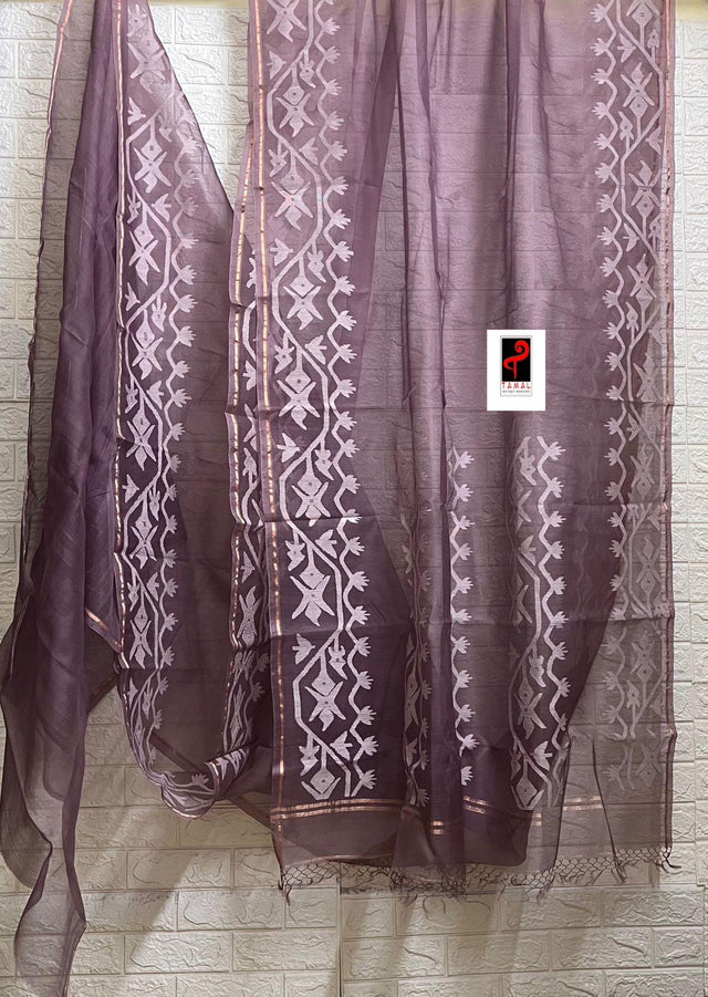 Onion pink with white dhakai muslin silk handwoven jamdani saree - Tamal Boutique
