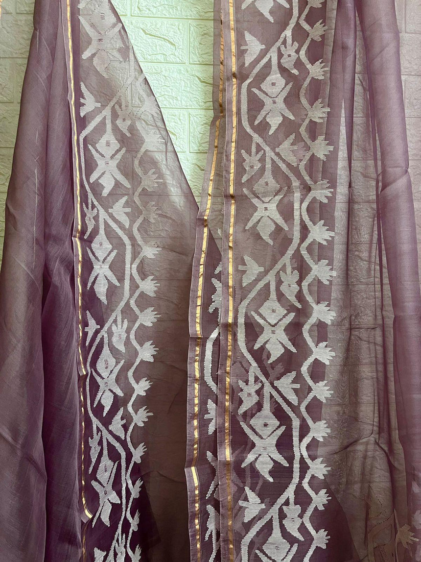 Onion pink with white dhakai muslin silk handwoven jamdani saree - Tamal Boutique
