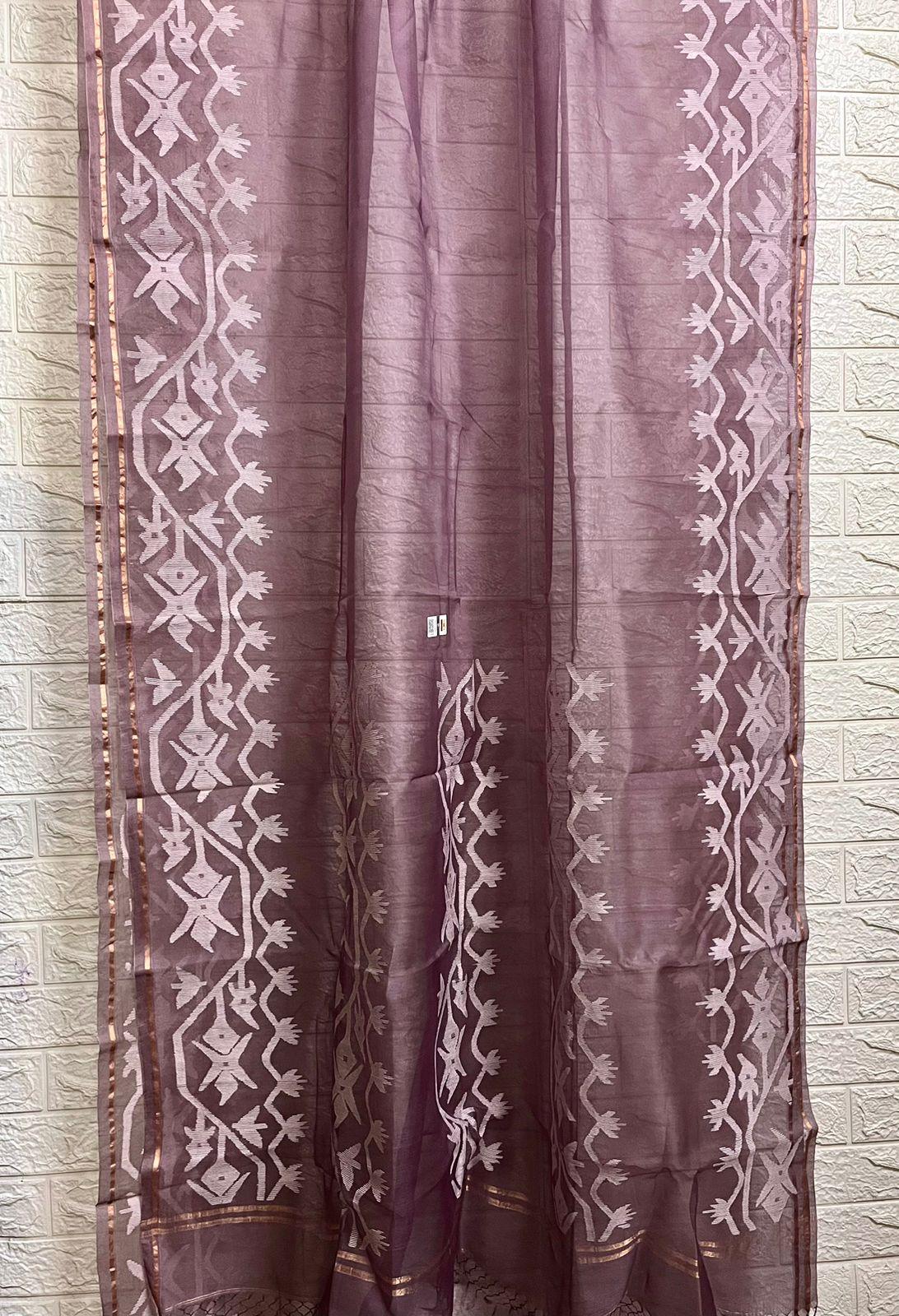 Onion pink with white dhakai muslin silk handwoven jamdani saree - Tamal Boutique