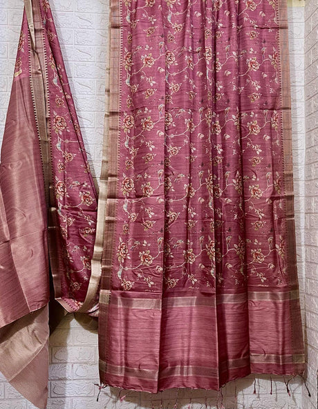 Onion pink with zari border cotton tussar painted handloom saree - Tamal Boutique