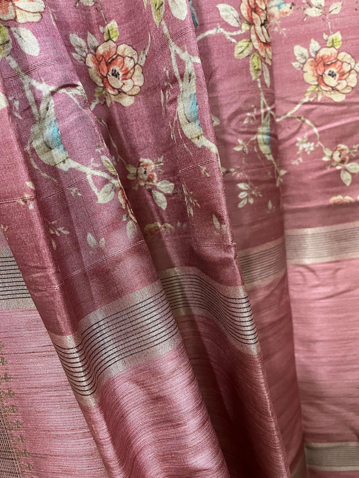 Onion pink with zari border cotton tussar painted handloom saree - Tamal Boutique