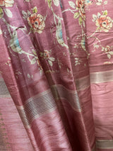 Onion pink with zari border cotton tussar painted handloom saree - Tamal Boutique