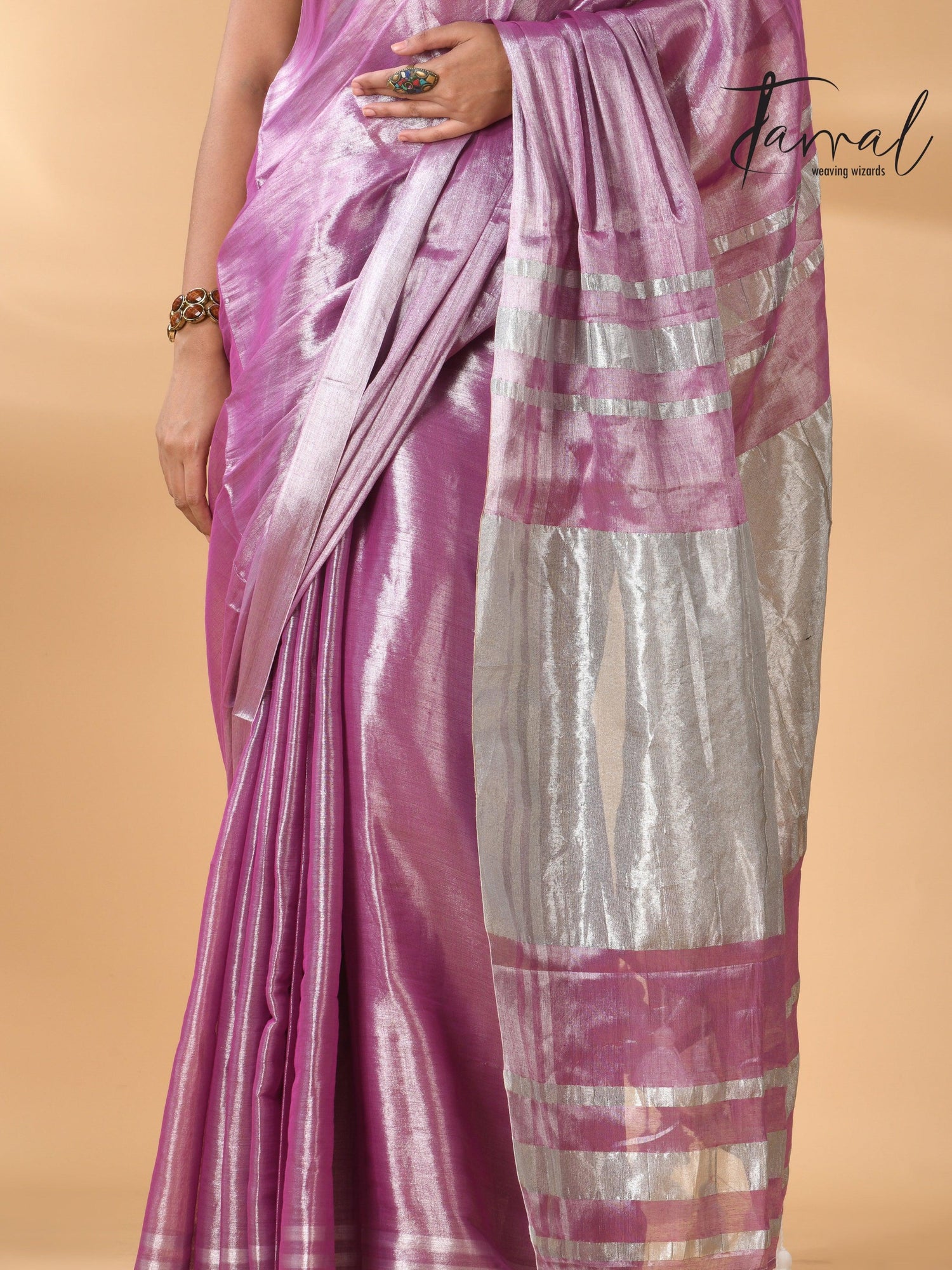 Onion silver tissue handloom saree bottom