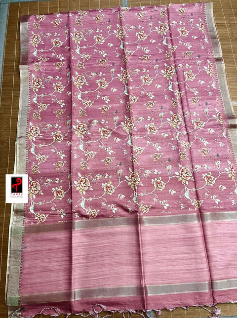 Onion pink with zari border cotton tussar painted handloom saree