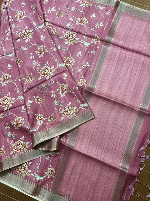 Onion pink with zari border cotton tussar painted handloom saree