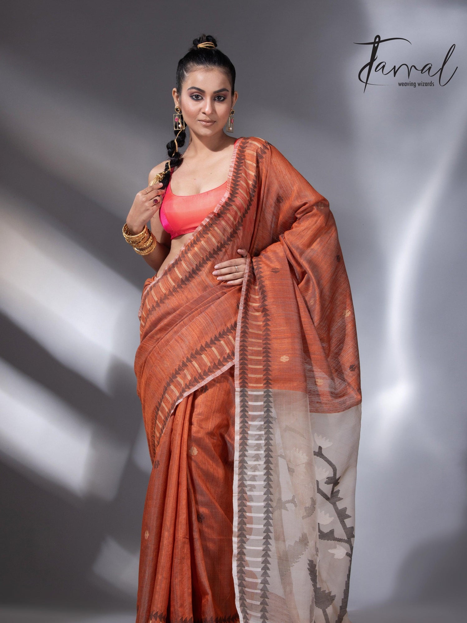 Orange Kalka Motifs Matka Silk Handwoven Jamdani Saree