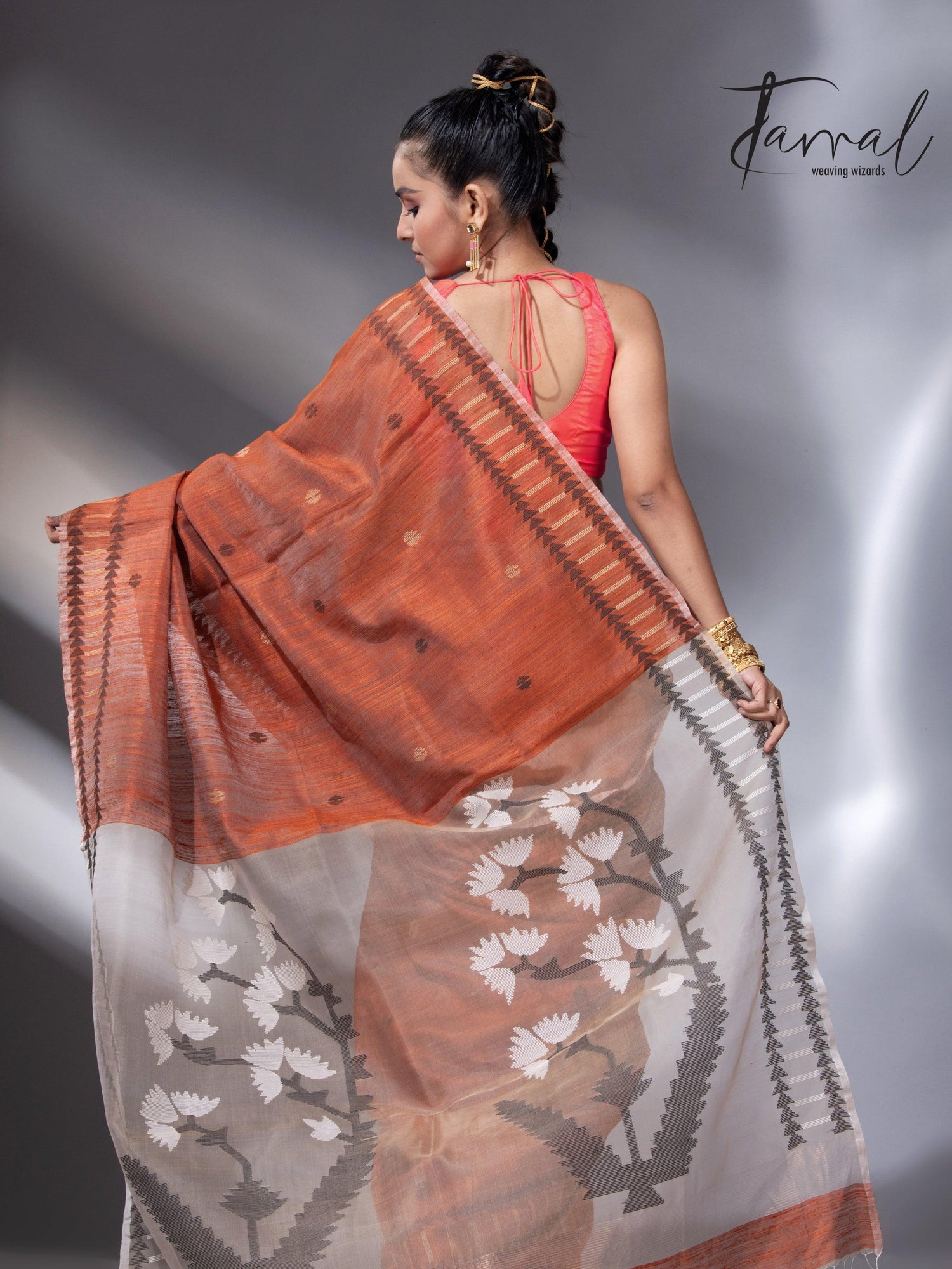 Orange Kalka Motifs Matka Silk Handwoven Jamdani Saree back