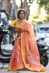 Orange With multicolor all over rose motifs muslin silk handwoven jamdani saree - Tamal Boutique