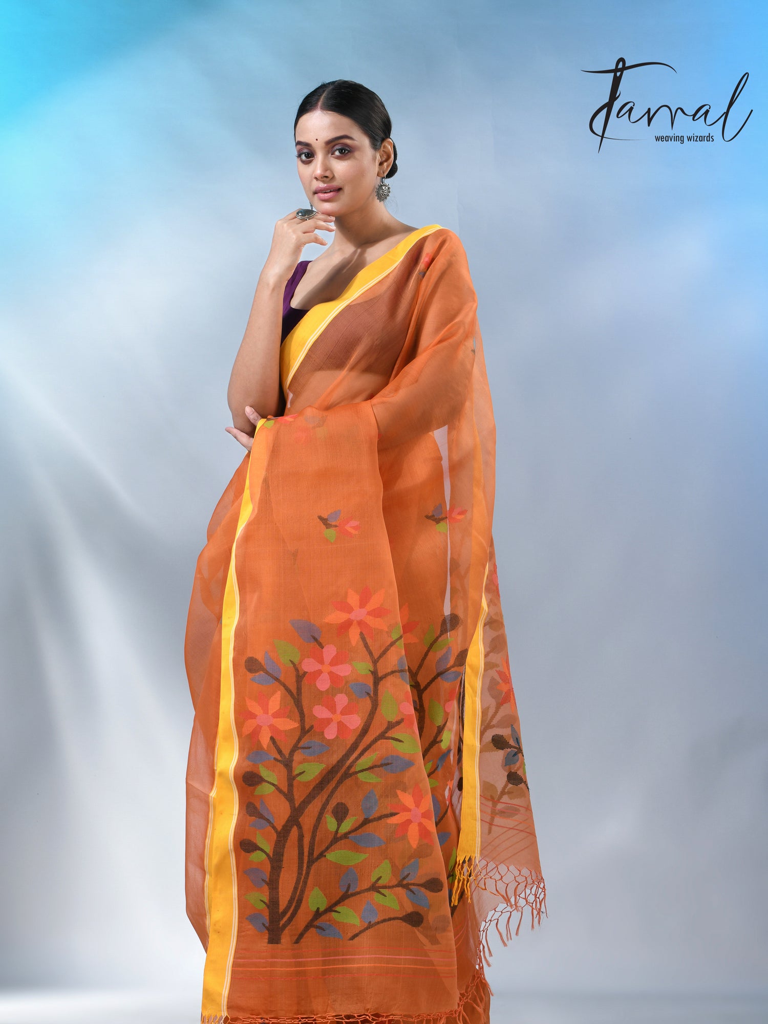 Orange colour muslin silk floral handwoven jamdani saree