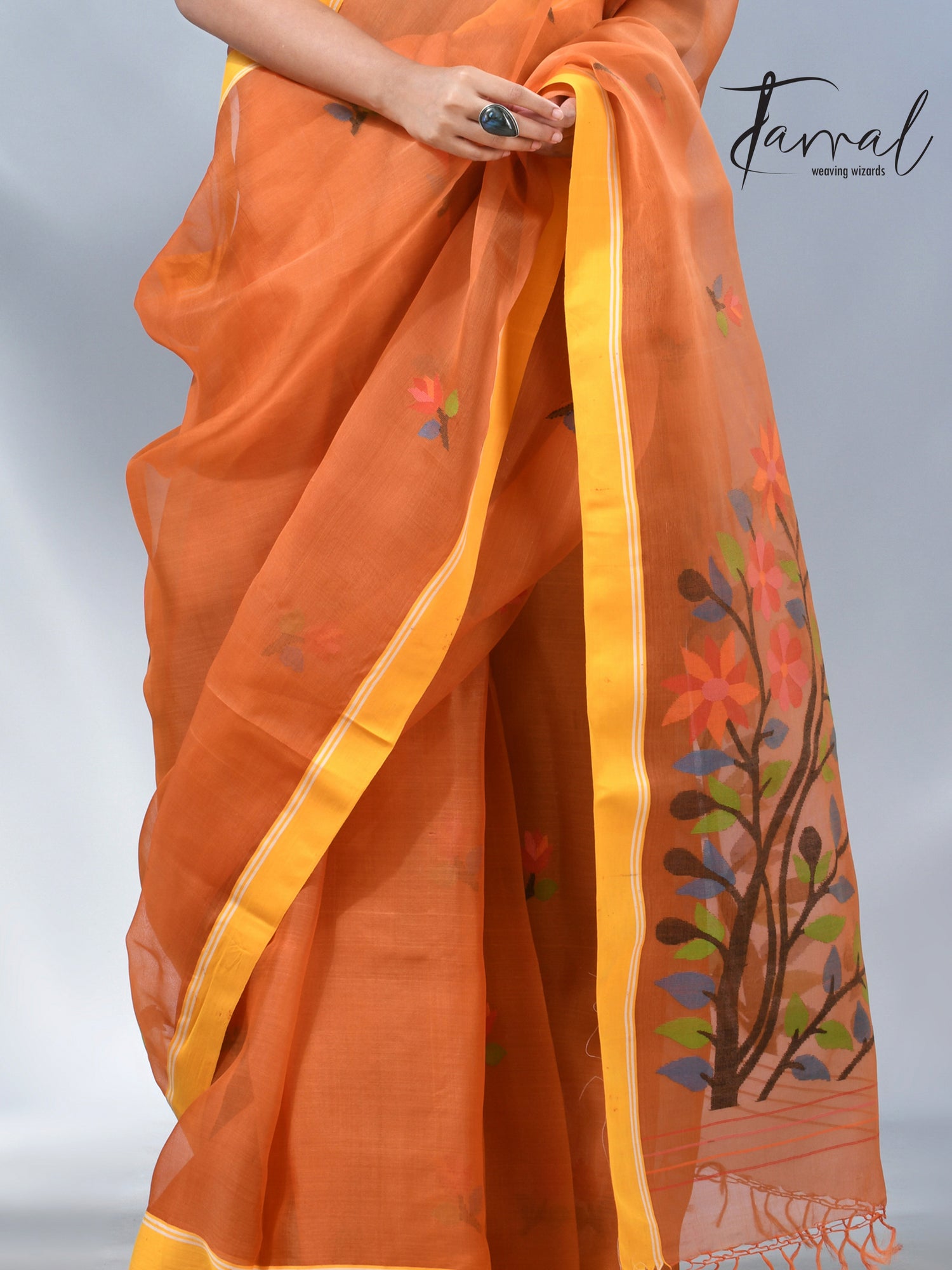 Orange colour muslin silk floral handwoven jamdani saree