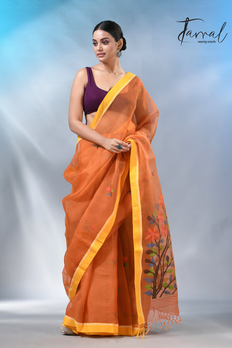 Orange colour muslin silk floral handwoven jamdani saree