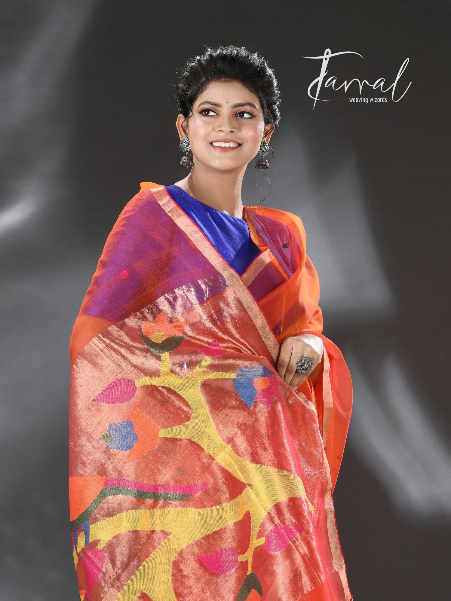 Orange organza silk Paithani Handwoven Jamdani saree full