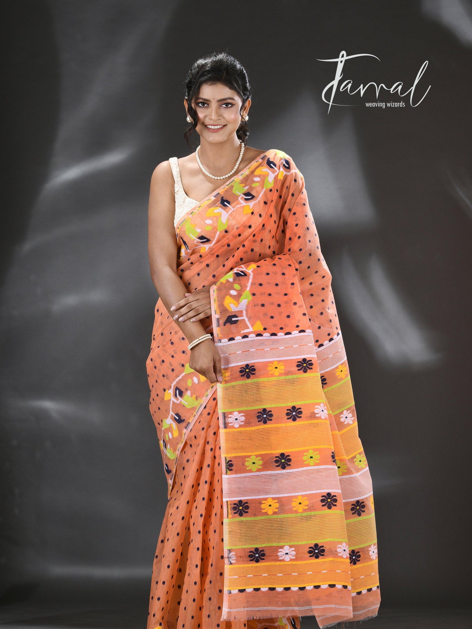 Orange with multicolour floral border handloom dhakai jamdani saree - Tamal Boutique