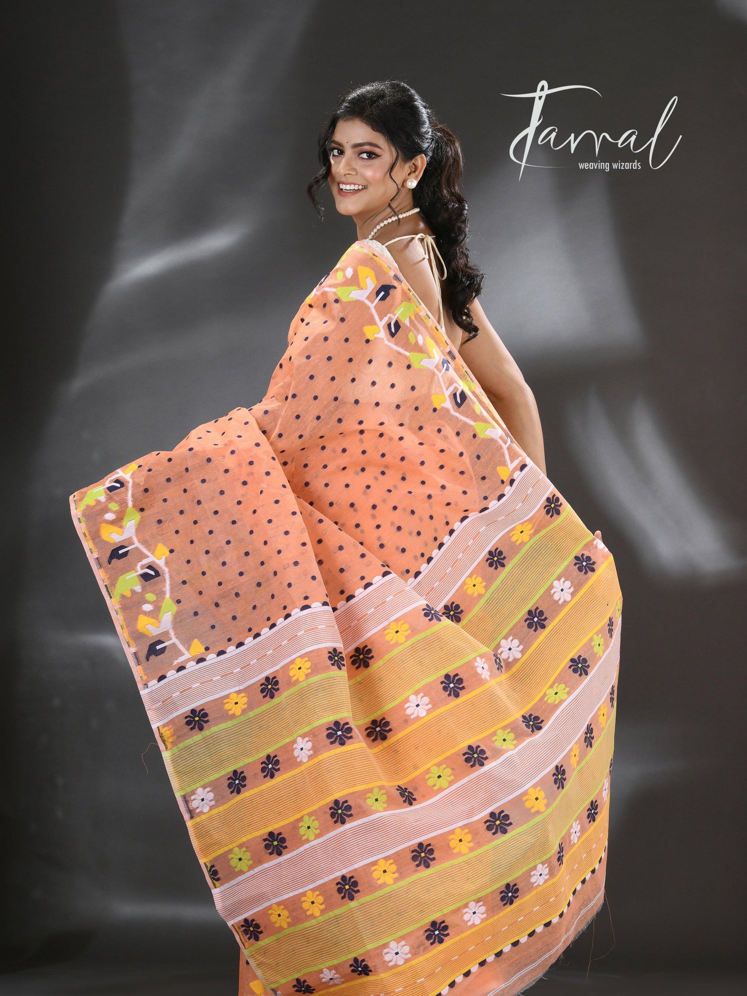 Orange with multicolour floral border handloom dhakai jamdani saree - Tamal Boutique