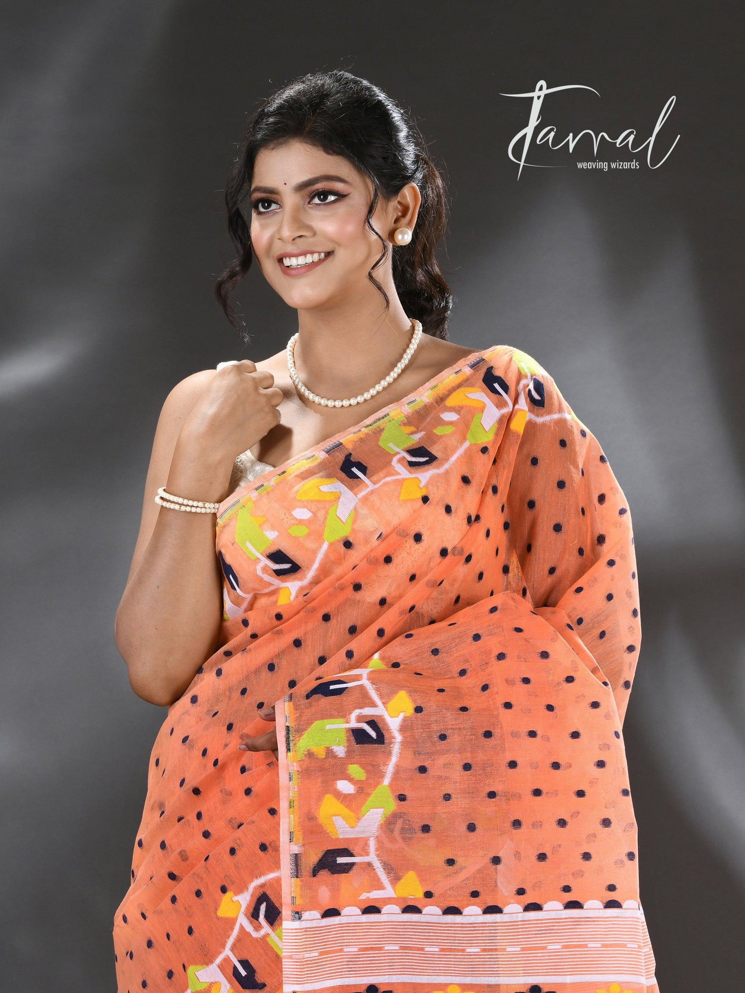 Orange with multicolour floral border handloom dhakai jamdani saree - Tamal Boutique