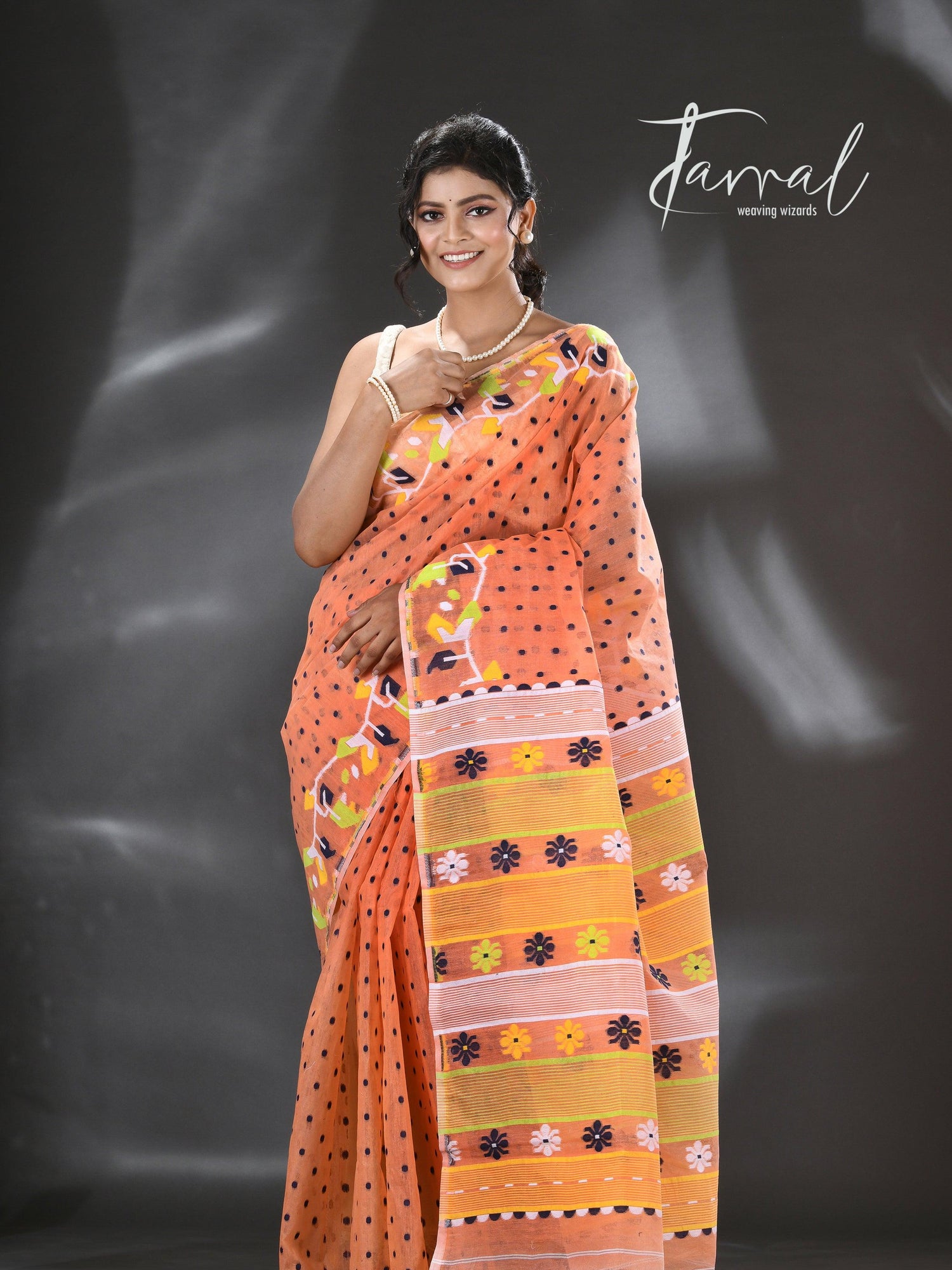 Orange with multicolour floral border handloom dhakai jamdani saree - Tamal Boutique