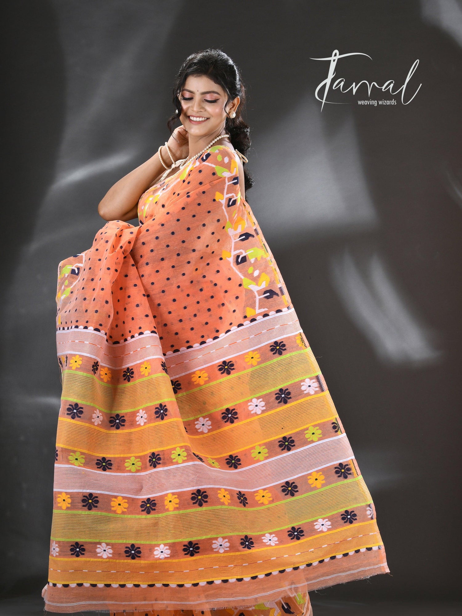 Orange with multicolour floral border handloom dhakai jamdani saree - Tamal Boutique