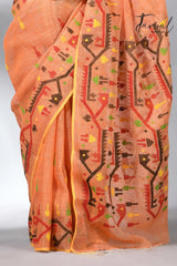 Orange with tradtional dhakai linen handwoven jamdani saree